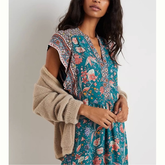 Anthropologie Teal and Red Floral Dress - Picture 1 of 9